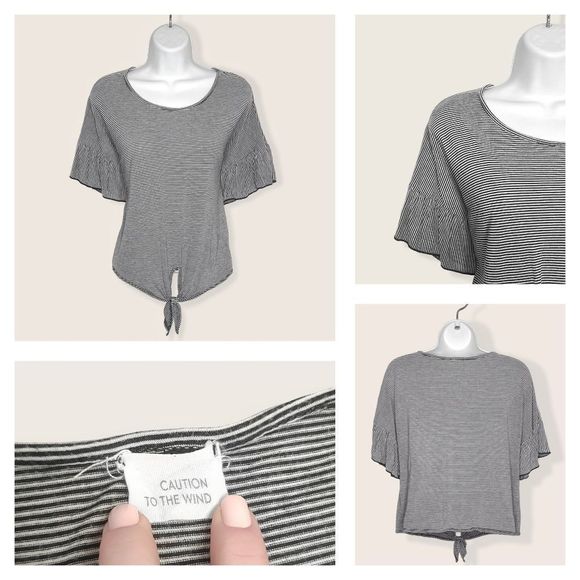 Caution To The Wind | Striped Tie Waist Flounce pSleeve Top | Medium - Picture 2 of 9